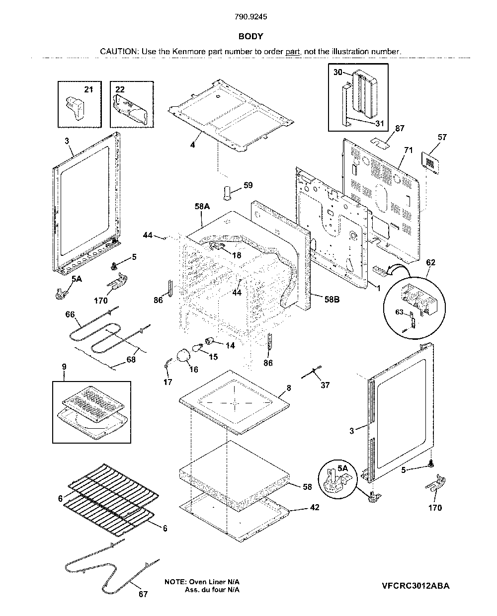 Body Diagram and Parts List for 79092459910  Kenmore Range