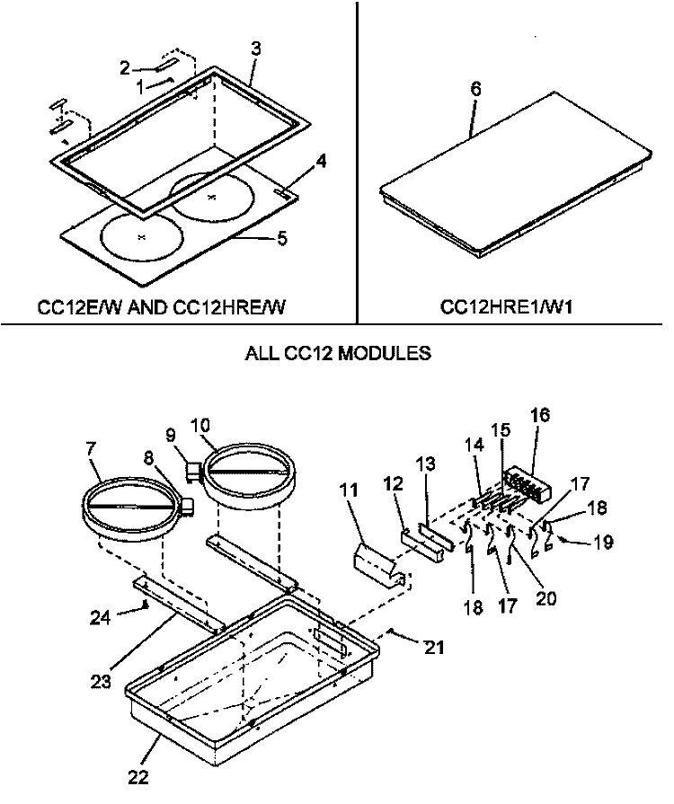 GLASS COOKTOP MODULE - ALL CC12 Diagram and Parts List for CC12HRW1 P1133372N Amana Cooktop