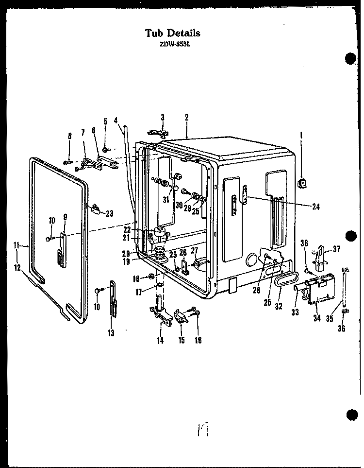 TUB DETAILS Diagram and Parts List for ZDW-855L  Amana Dishwasher
