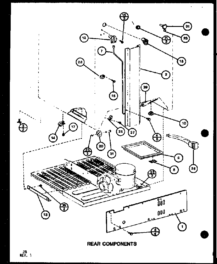 Rear Components Diagram and Parts List for TM16G1-P76512-28W  Amana Refrigerator