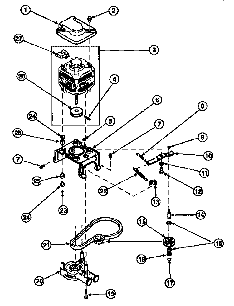 MOTOR, MTG BRKT, BELT, PUMP & IDLER ASSY Diagram and Parts List for LW6661W2 PLW6661W2 B Amana Washer