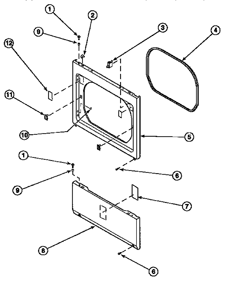 LOWER ACCESS PANEL, FRONT PANEL AND SEAL Diagram and Parts List for LE8107L2 PLE8107L2 Amana Dryer