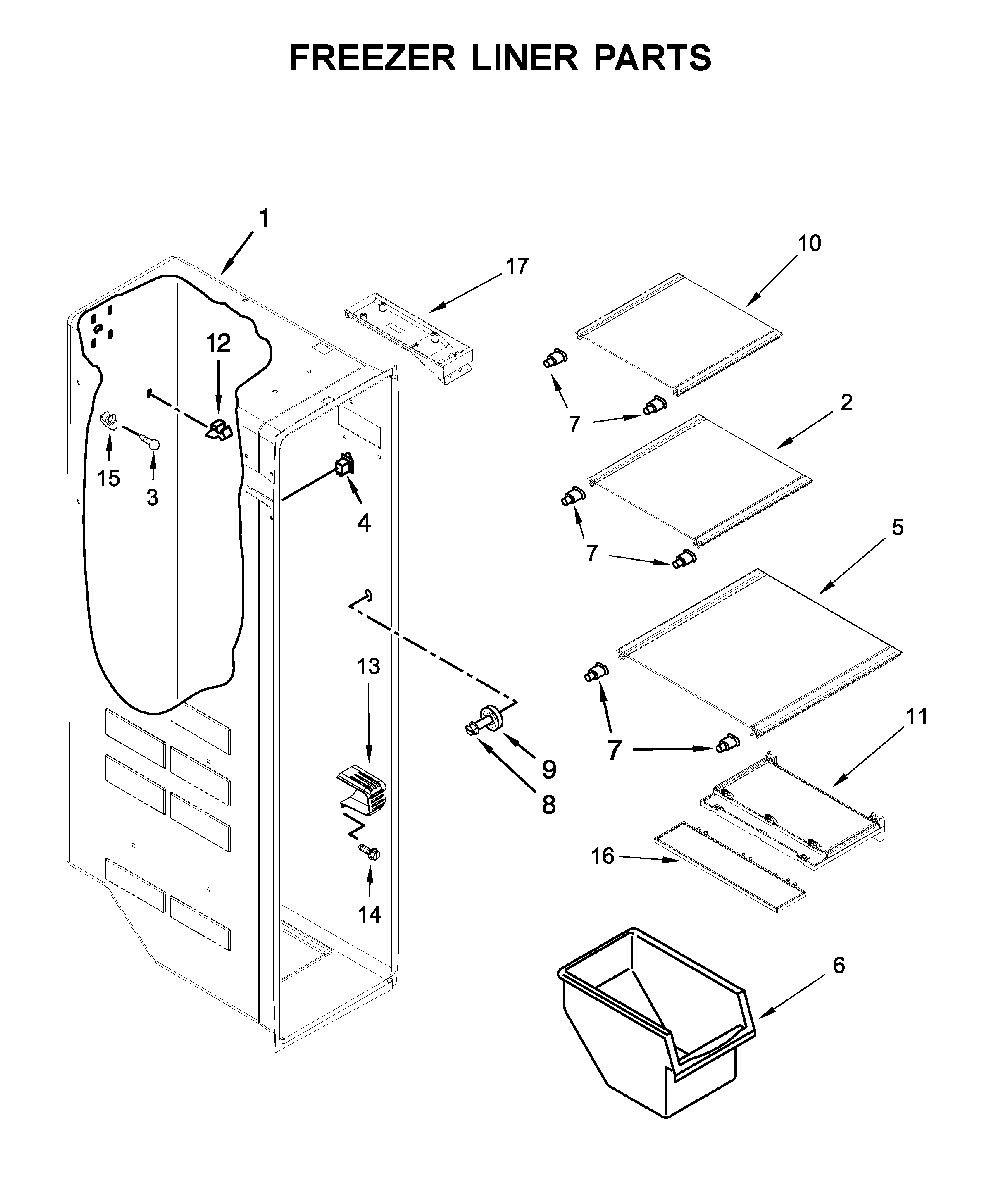 Freezer liner parts Diagram and Parts List for MSS25C4MGK03  Maytag Refrigerator