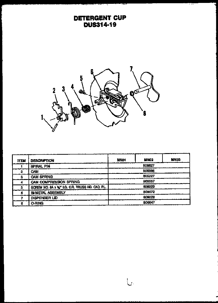 DETERGENT CUP Diagram and Parts List for DUS31419 MN01 Amana Dishwasher