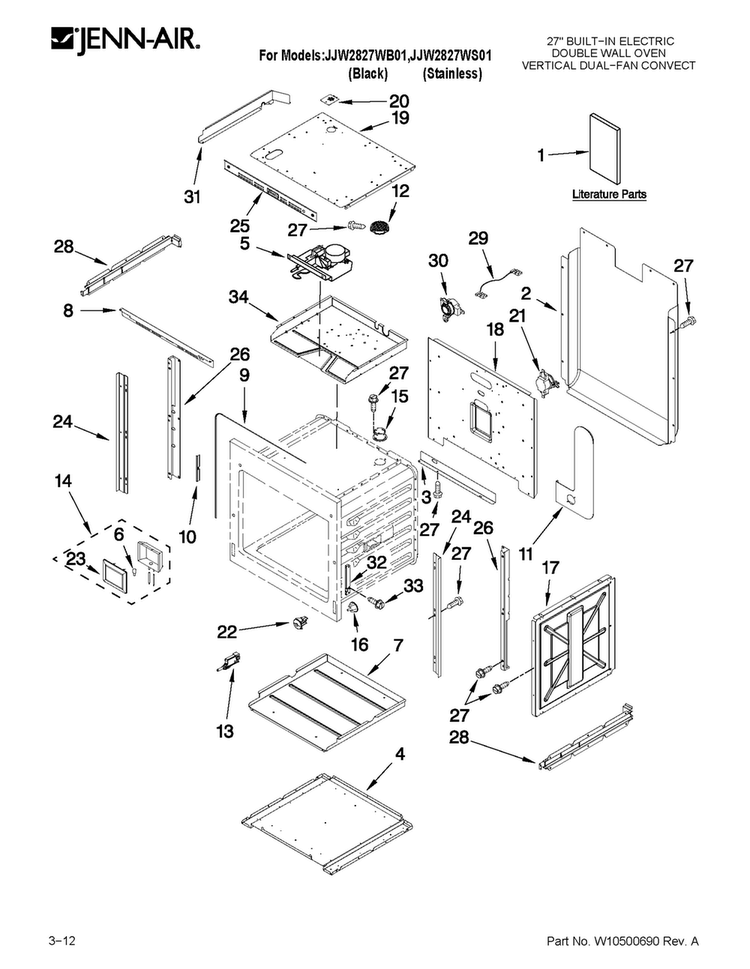 Upper Oven Parts Diagram and Parts List for JJW2827WS01  Jenn-Air Wall Oven
