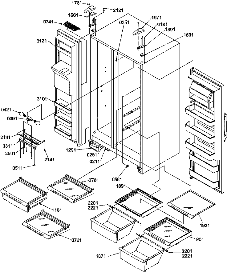 REF / FZ SHELVES, LIGHTS, AND HINGES Diagram and Parts List for SXD25S2E P1190421W E Amana Refrigerator