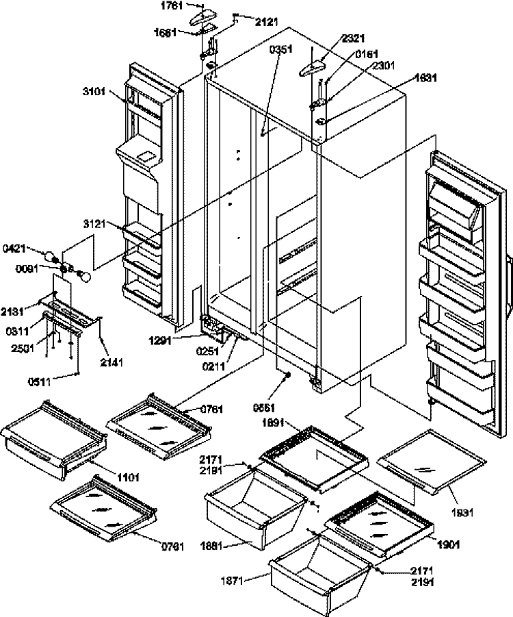 REF / FZ SHELVES, LIGHTS, AND HINGES Diagram and Parts List for SXD20TL P1302901W L Amana Refrigerator