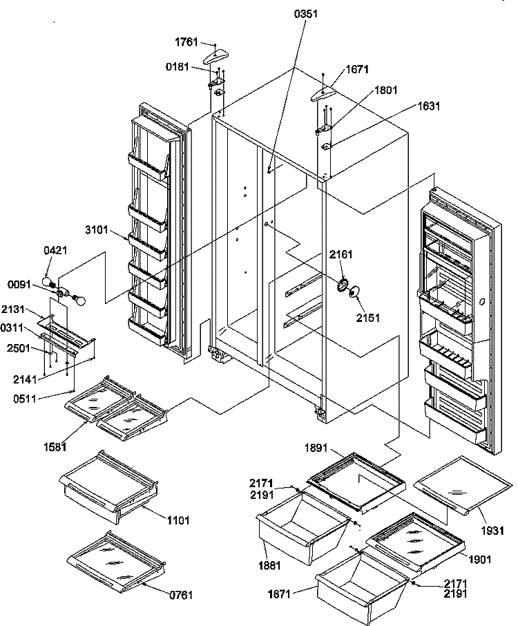 REF / FZ SHELVES, LIGHTS, & HINGES Diagram and Parts List for SR20TW P1190102W W Amana Refrigerator