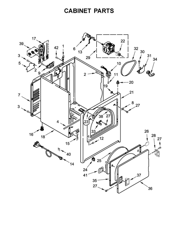 Cabinet Parts Diagram and Parts List for VED6505GW0  Crosley Dryer