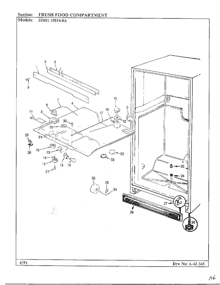 Fresh Food Compartment Diagram and Parts List for 19814-0A  Admiral Refrigerator