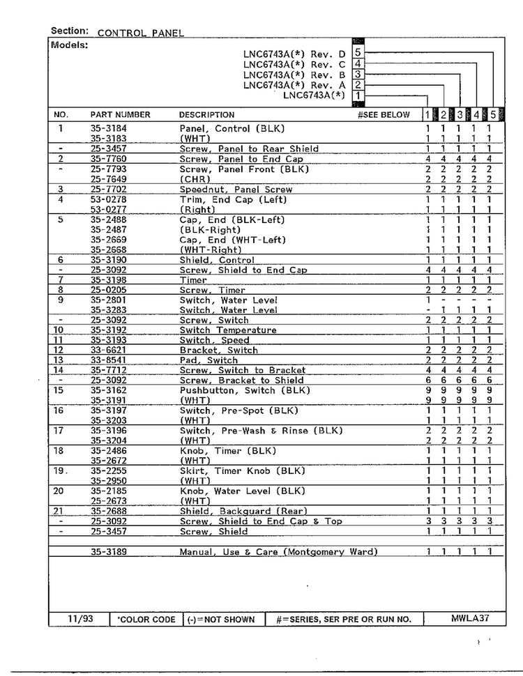 Control Panel Page 2 Diagram and Parts List for 6743B  Norge Washer