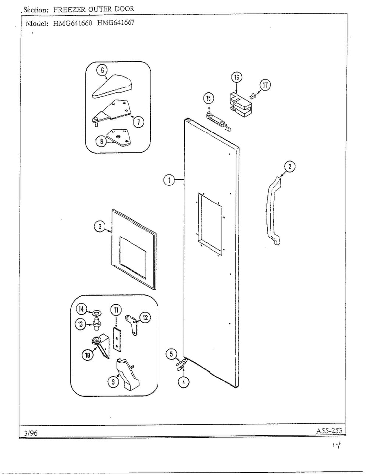 Freezer Outer Door Diagram and Parts List for HMG641667  Admiral Refrigerator