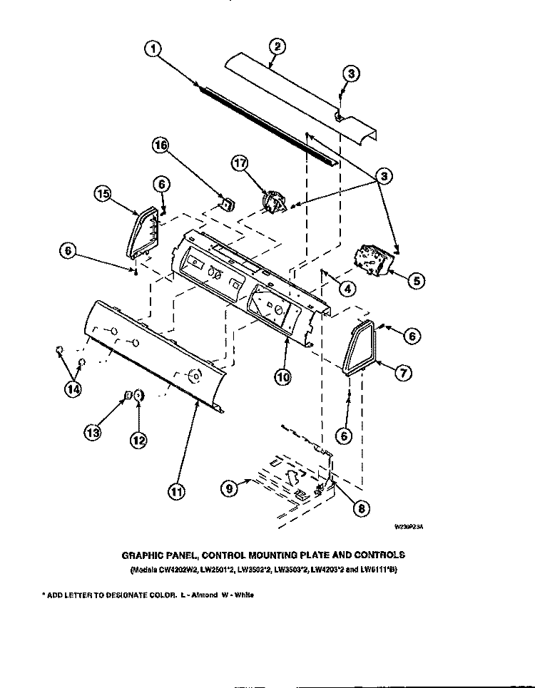 GRAPHIC PANEL, CTRL MTG PLATE AND CTRLS Diagram and Parts List for LW6123LM PLW6123LM A Amana Washer