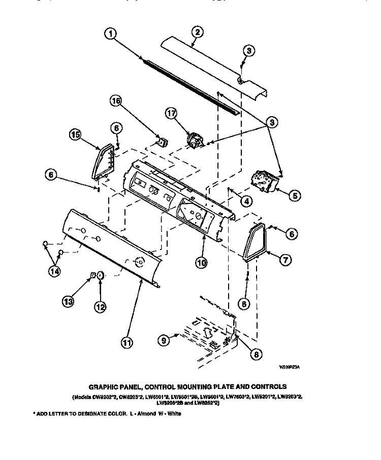 GRAPHIC PANEL, CTRL MTG PLATE AND CTRLS Diagram and Parts List for LW6123LM PLW6123LM A Amana Washer