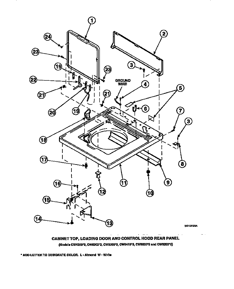 CAB TOP / LOADING DR & CTRL HOOD REAR PAN Diagram and Parts List for LW6123LM PLW6123LM A Amana Washer