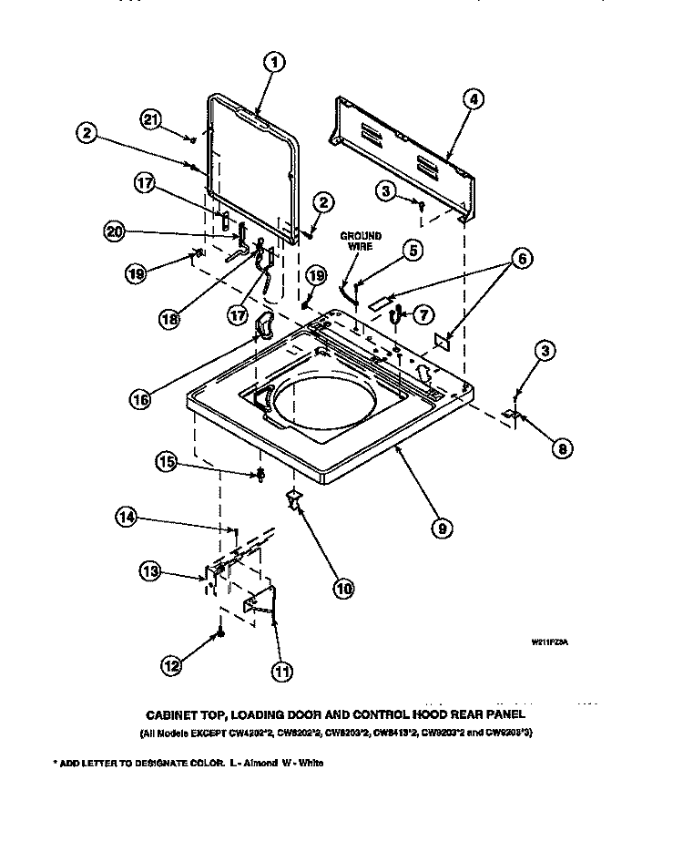 CAB TOP / LOADING DR & CTRL HOOD REAR PAN Diagram and Parts List for LW6123LM PLW6123LM A Amana Washer