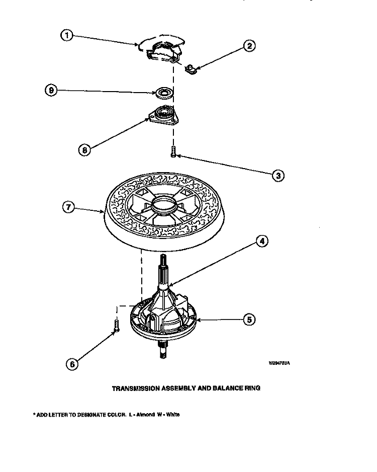 TRANSMISSION ASSY AND BALANCE RING Diagram and Parts List for LW6123LM PLW6123LM A Amana Washer