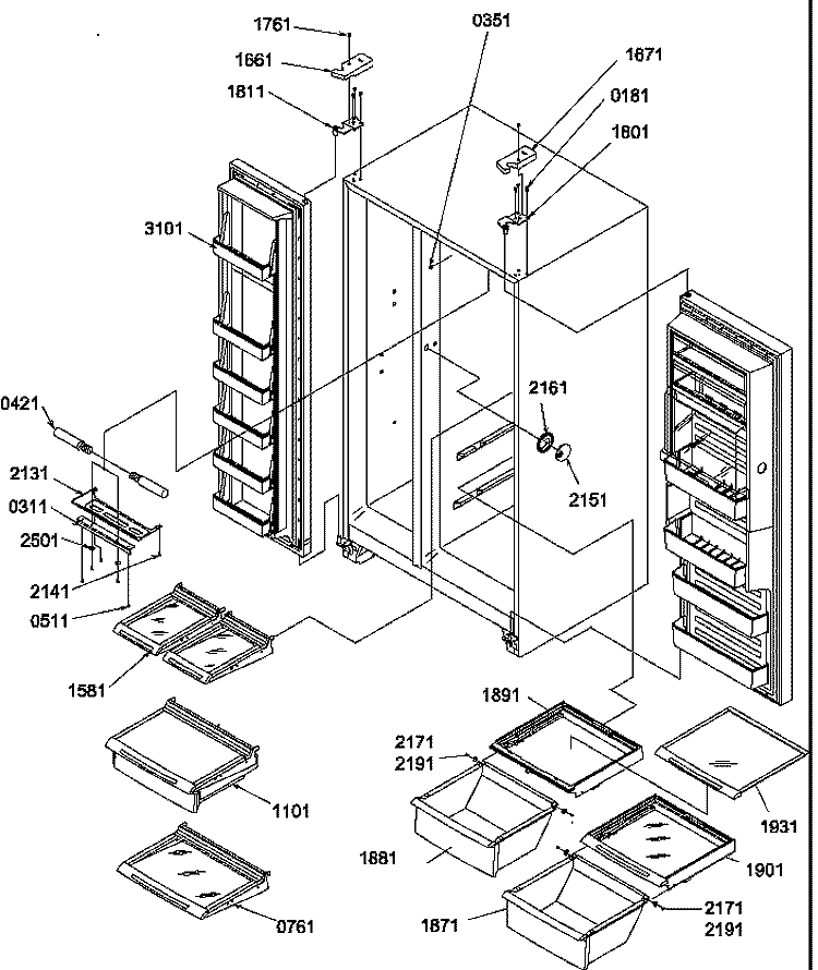 REF / FZ SHELVES, LIGHTS, AND HINGES Diagram and Parts List for SB520SW P1185003W W Amana Refrigerator