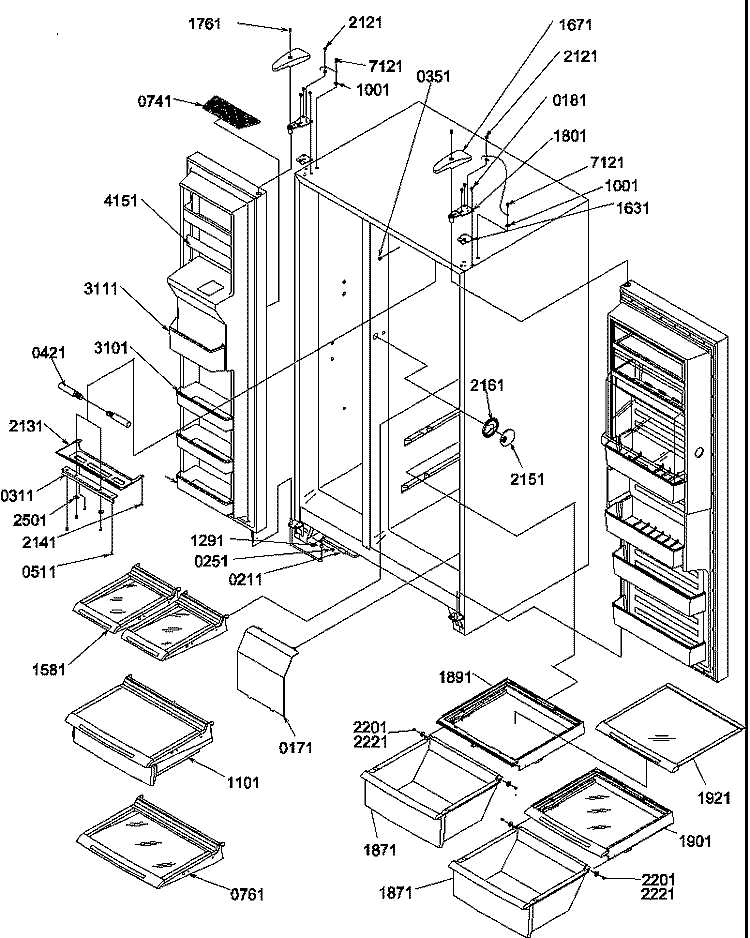 REF / FZ SHELVES, LIGHTS, AND HINGES Diagram and Parts List for SRDE327S3E P1307101W E Amana Refrigerator