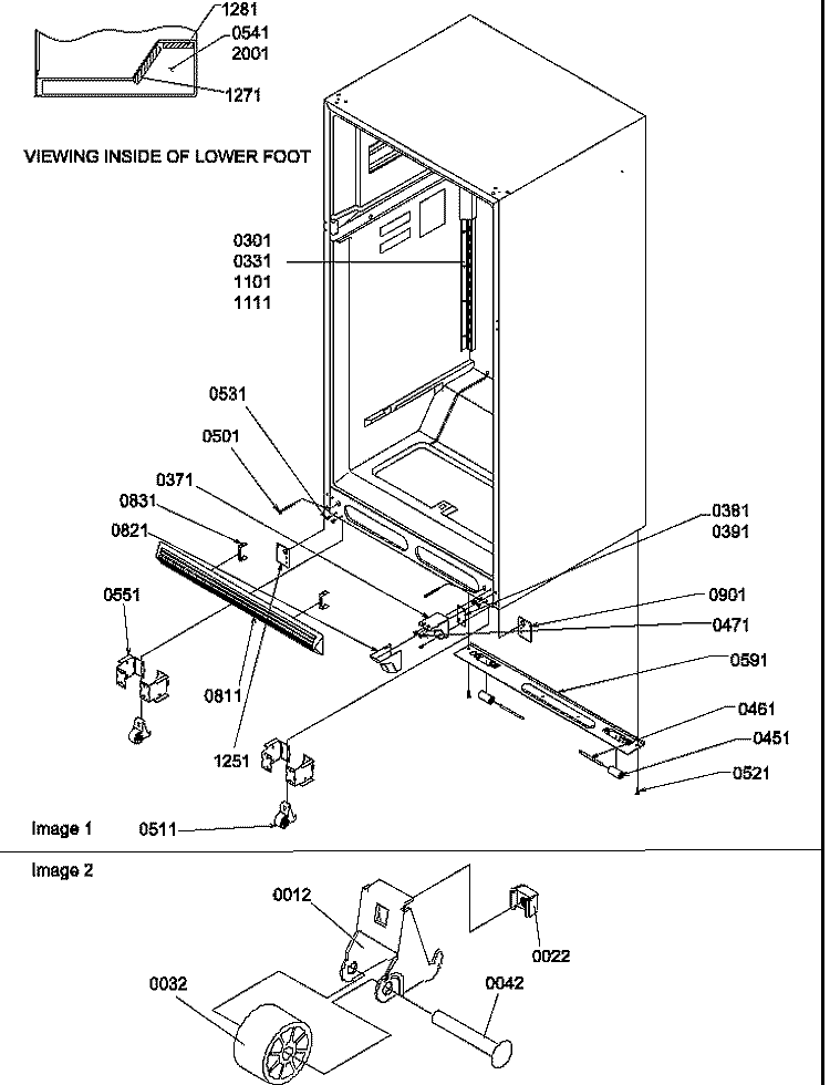 LADDERS, LOWER CABINET AND ROLLERS Diagram and Parts List for TR21S4E P1196105W E Amana Refrigerator