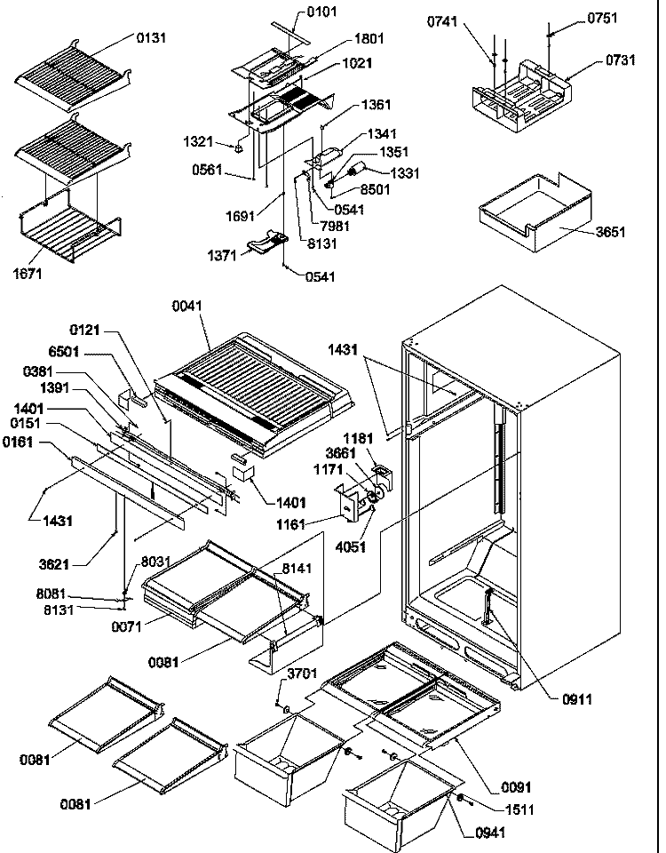 INTERIOR CABINET AND DRAIN BLOCK ASSY Diagram and Parts List for TR522SW P1182703W W Amana Refrigerator
