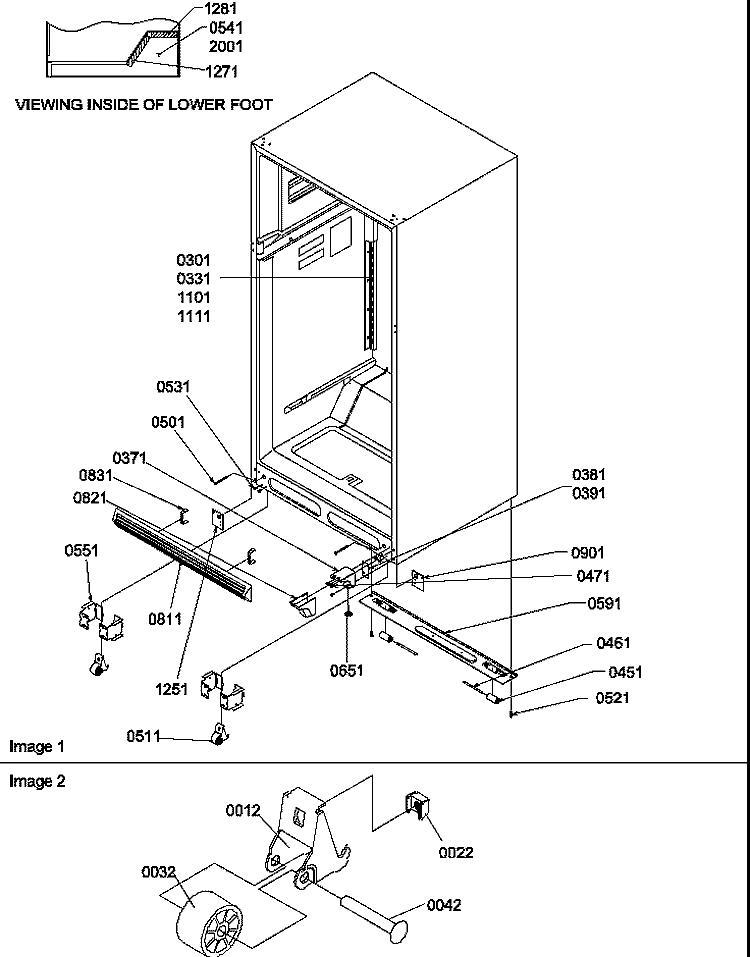 LADDERS, LOWER CABINET AND ROLLERS Diagram and Parts List for TR522SW P1182703W W Amana Refrigerator