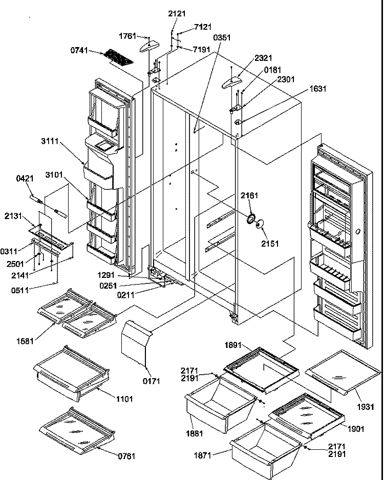 REF / FZ SHELVES, LIGHTS, AND HINGES Diagram and Parts List for SRD520SL P1186302W L Amana Refrigerator