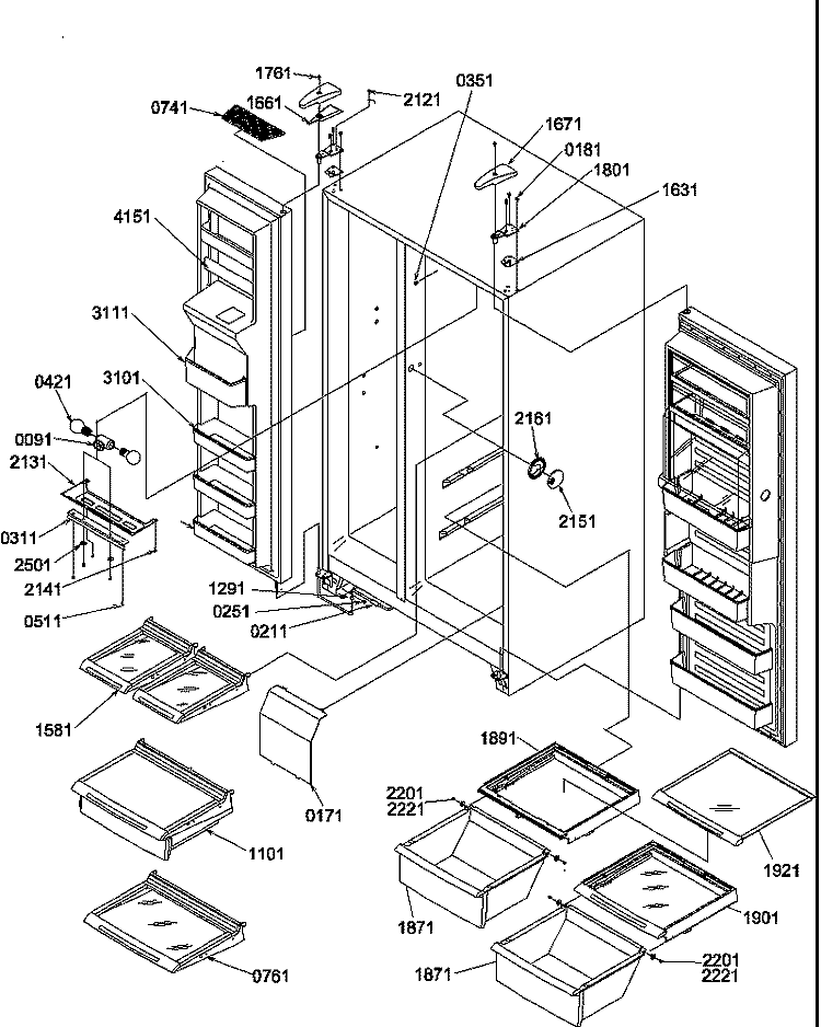 REF / FZ SHELVES, LIGHTS, AND HINGES Diagram and Parts List for SRD27S4E P1190306W E Amana Refrigerator