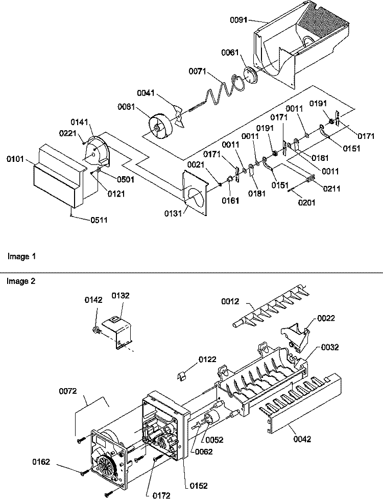 ICE BUCKET AUGER AND ICE MAKER PARTS Diagram and Parts List for SRD27S4E P1190306W E Amana Refrigerator