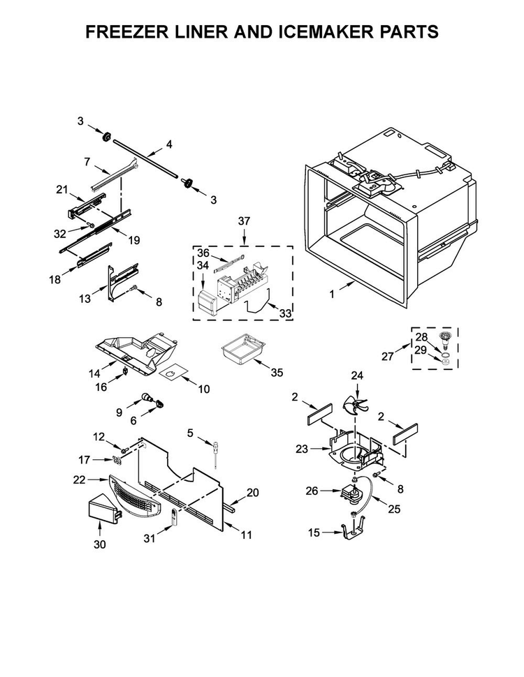 Freezer Liner And Icemaker Parts Diagram and Parts List for MBF2258FEZ01  Maytag Refrigerator