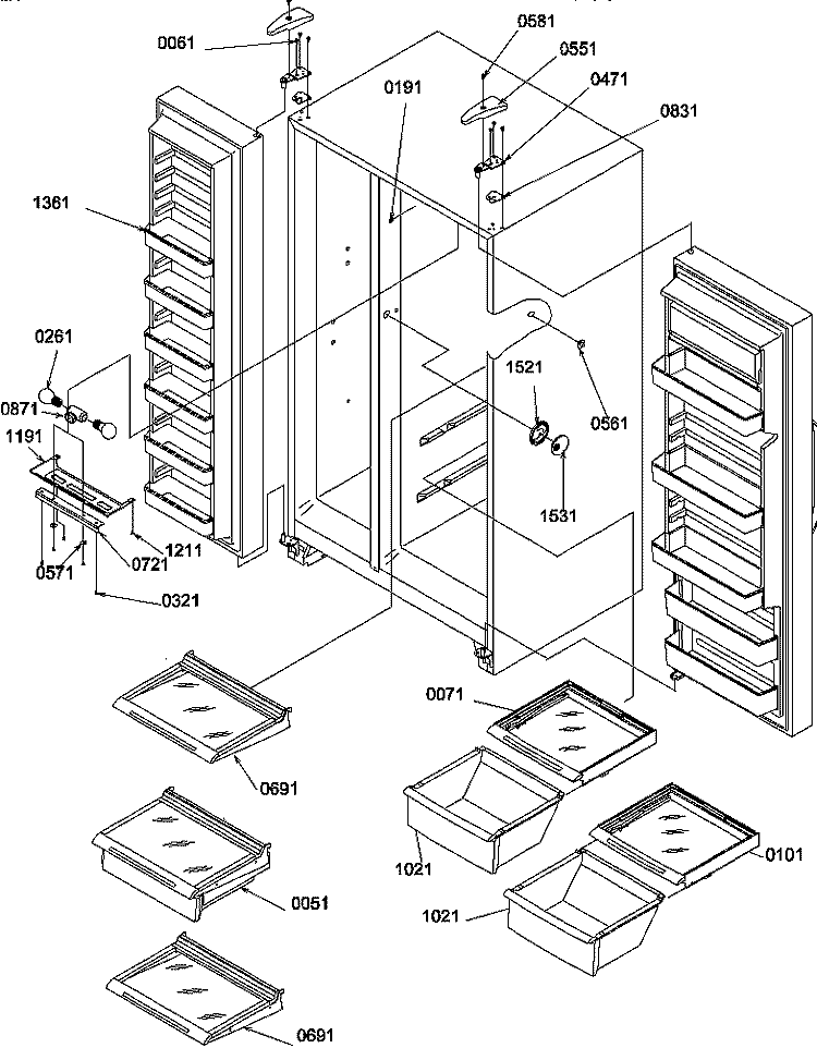 REF / FZ SHELVES, LIGHTS, AND HINGES Diagram and Parts List for SS21SL P1193802W L Amana Refrigerator