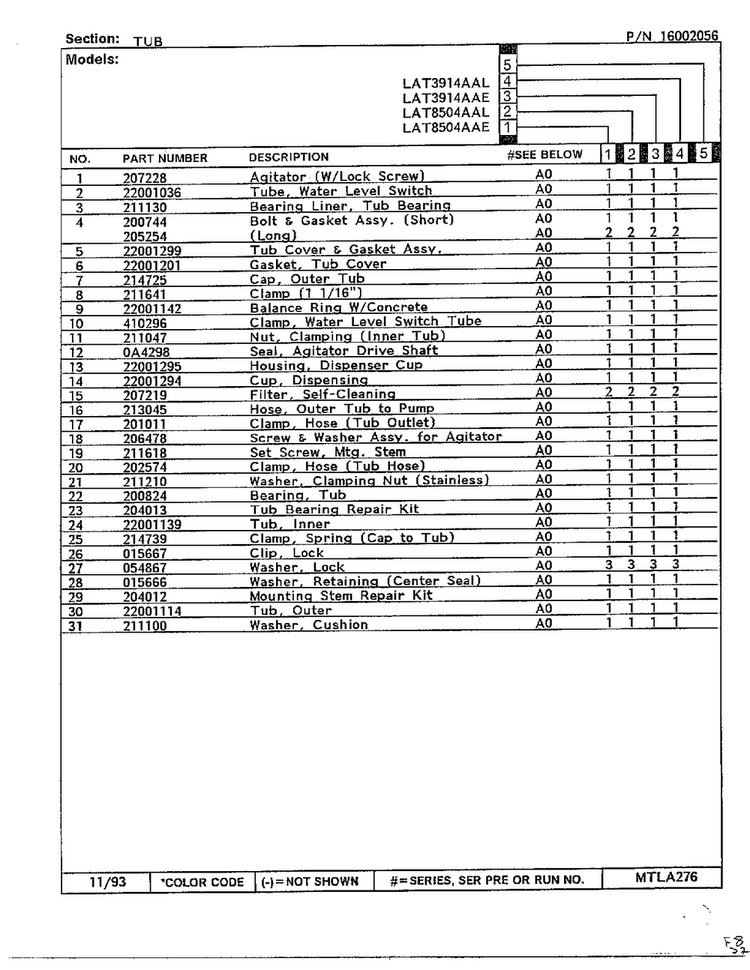 Tub Page 2 Diagram and Parts List for LAT5804AAE  Maytag Washer