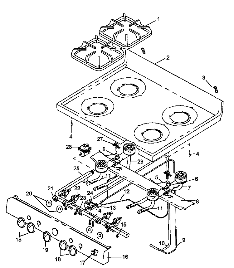 MAIN TOP, OPEN TOP BURNERS Diagram and Parts List for RLN380UL P1143145N L Amana Range