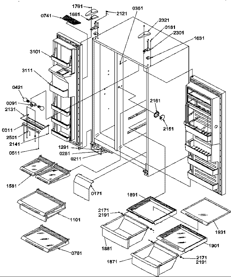 REF / FZ SHELVES, LIGHTS, AND HINGES Diagram and Parts List for SRD20TPW P1190811W W Amana Refrigerator