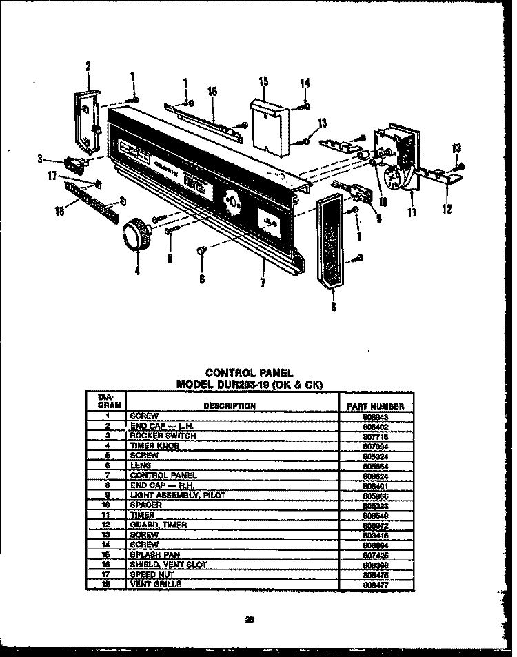 CONTROL PANEL Diagram and Parts List for DUR20319OK  Amana Dishwasher