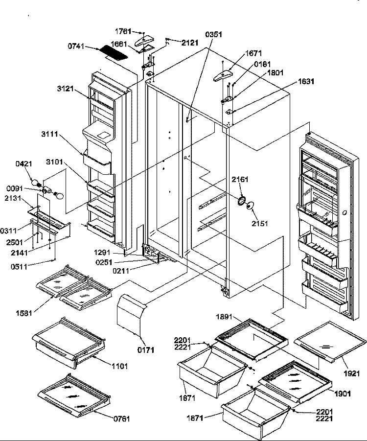 REF / FZ SHELVES, LIGHTS, AND HINGES Diagram and Parts List for SRD22TPW P1190307W W Amana Refrigerator