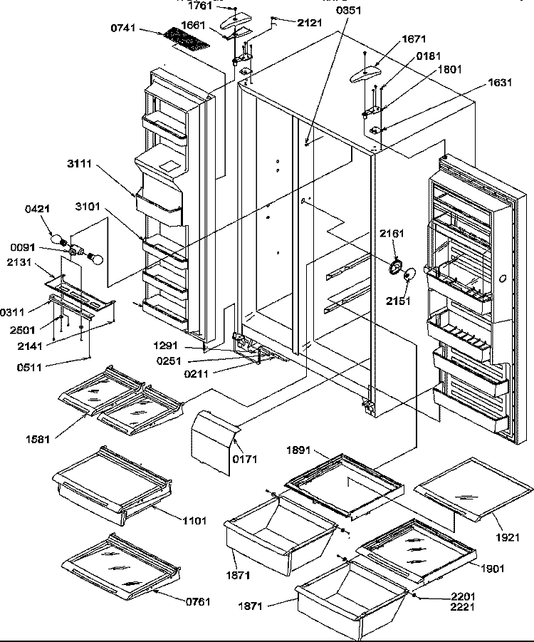 REF / FZ SHELVES, LIGHTS, AND HINGES Diagram and Parts List for SRD27TPSE P1190313W E Amana Refrigerator