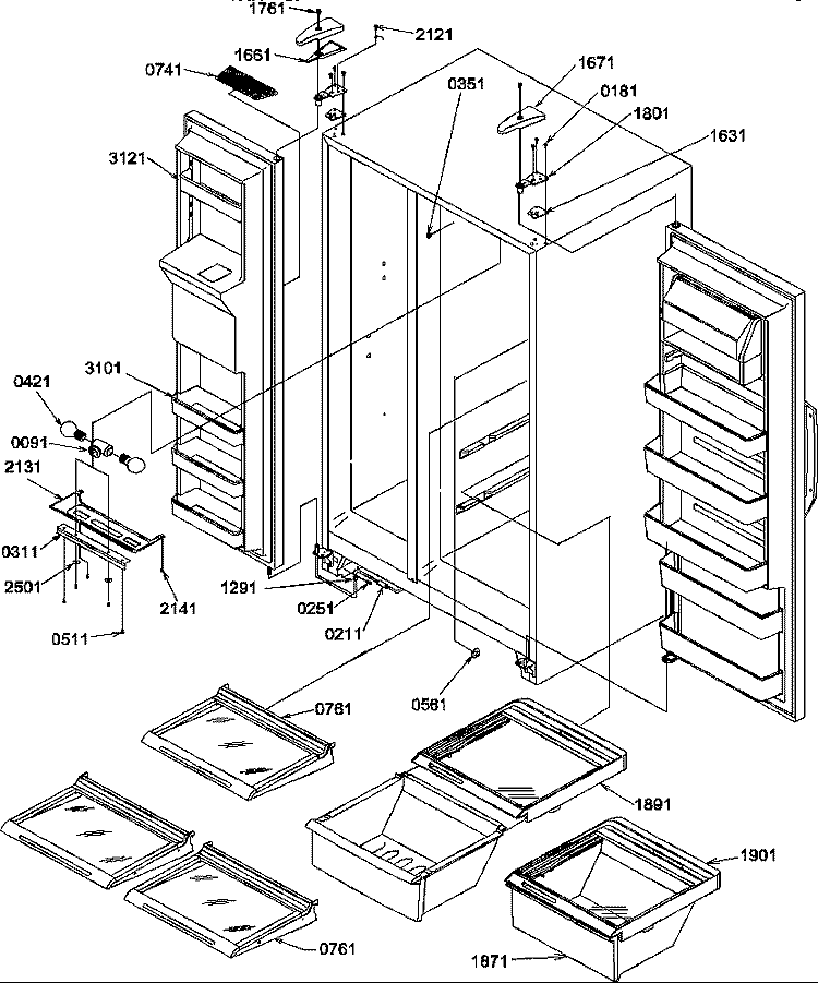 REF / FZ SHELVES, LIGHTS, AND HINGES Diagram and Parts List for SCD25TW P1190426W W Amana Refrigerator