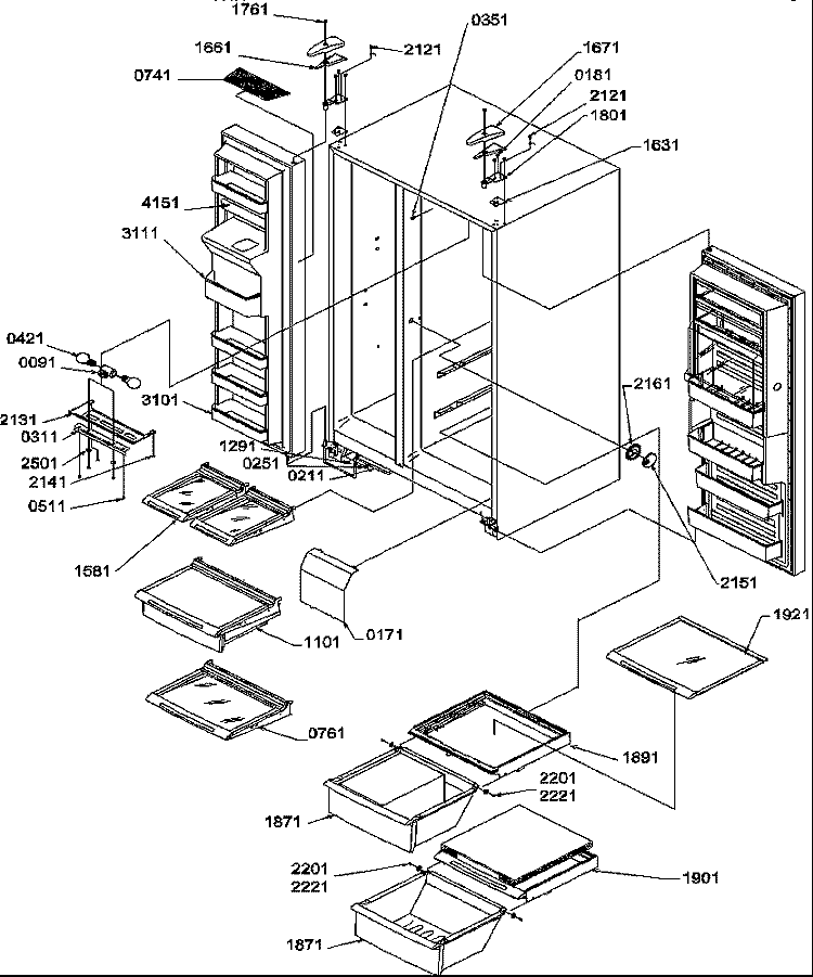 REF / FZ SHELVES, LIGHTS, AND HINGES Diagram and Parts List for SRDE27TPSE P1190604W E Amana Refrigerator