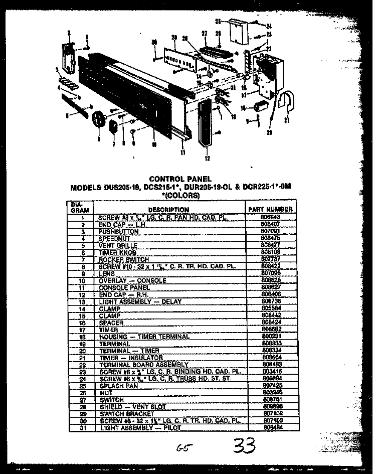 CONTROL PANEL Diagram and Parts List for DCR2251WOM DCR22501WOM Amana Dishwasher