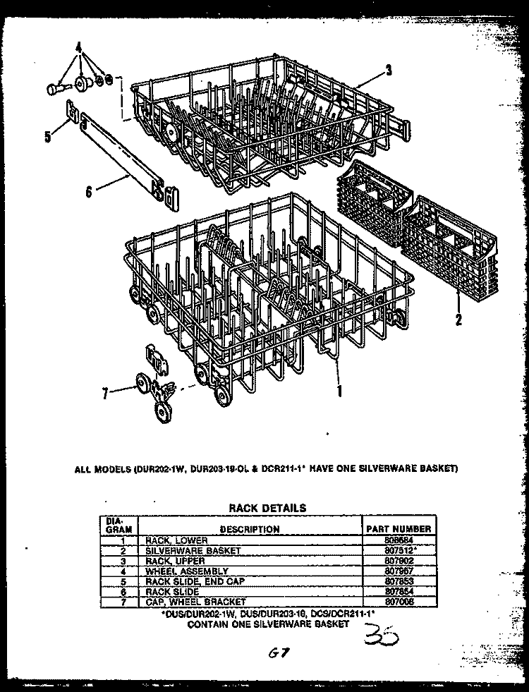 RACK DETAILS Diagram and Parts List for DUS202-1A DUS20201A Caloric Dishwasher