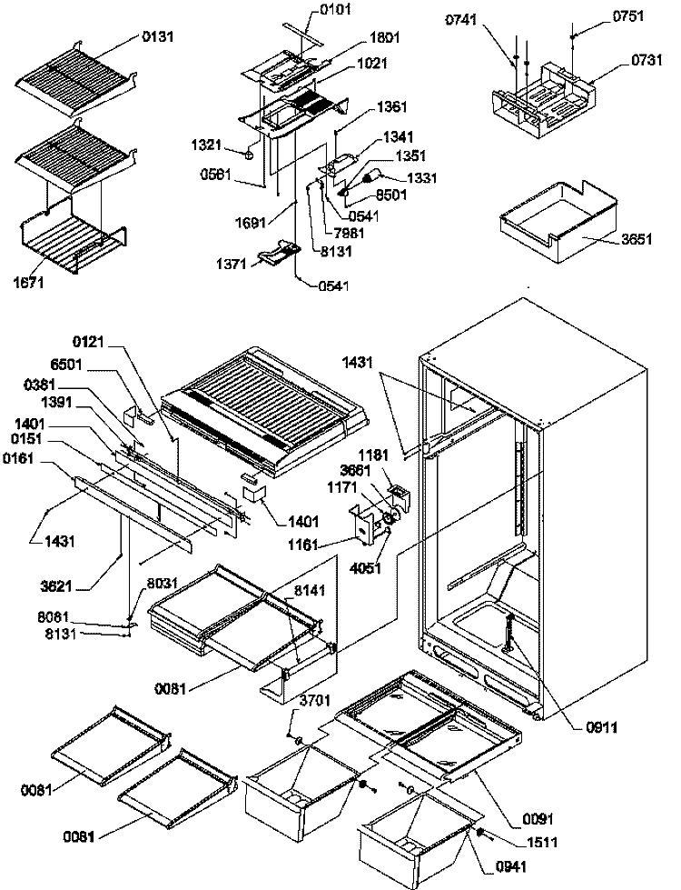INTERIOR CABINET AND DRAIN BLOCK ASSY Diagram and Parts List for TR525SW P1182804W W Amana Refrigerator