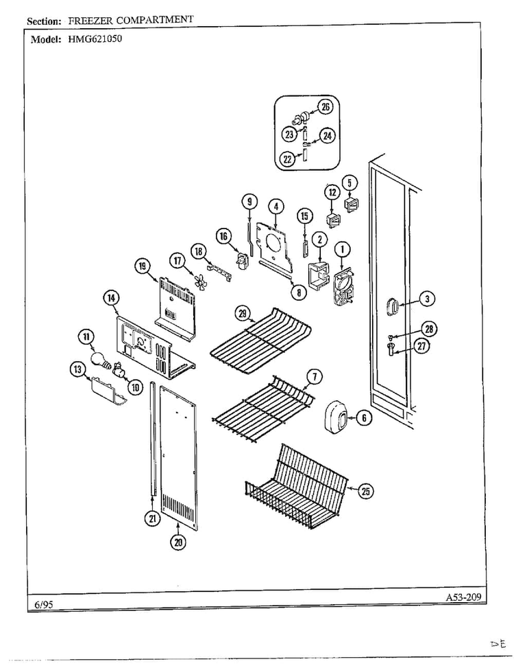 Freezer Compartment Diagram and Parts List for 621050  Admiral Refrigerator