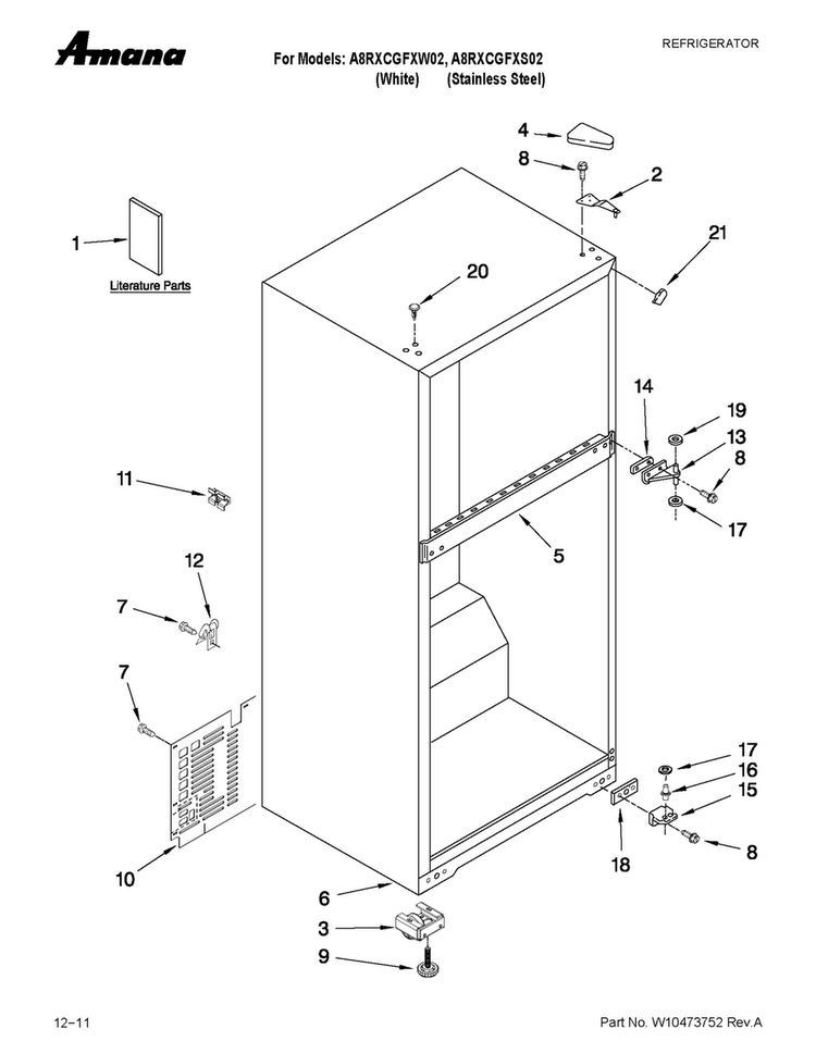 Cabinet Parts Diagram and Parts List for A8RXCGFXS02  Amana Refrigerator