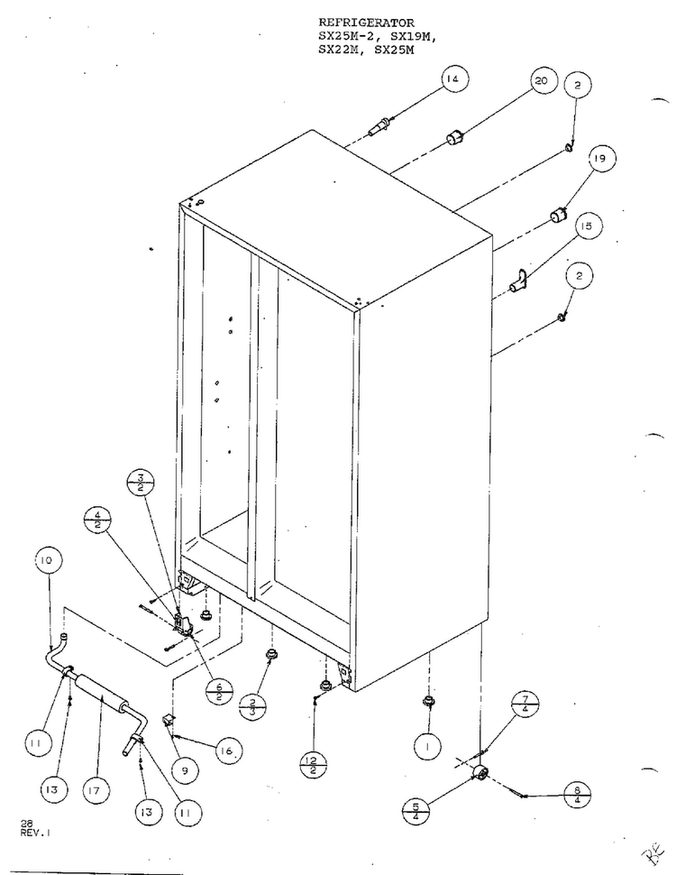 Drain Rollers And Cabinet Back Diagram and Parts List for SX22M  Amana Refrigerator