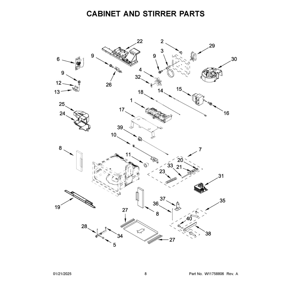 Cabinet And Stirrer Parts Diagram and Parts List for JOEMC130RL00  Jenn-Air Microwave
