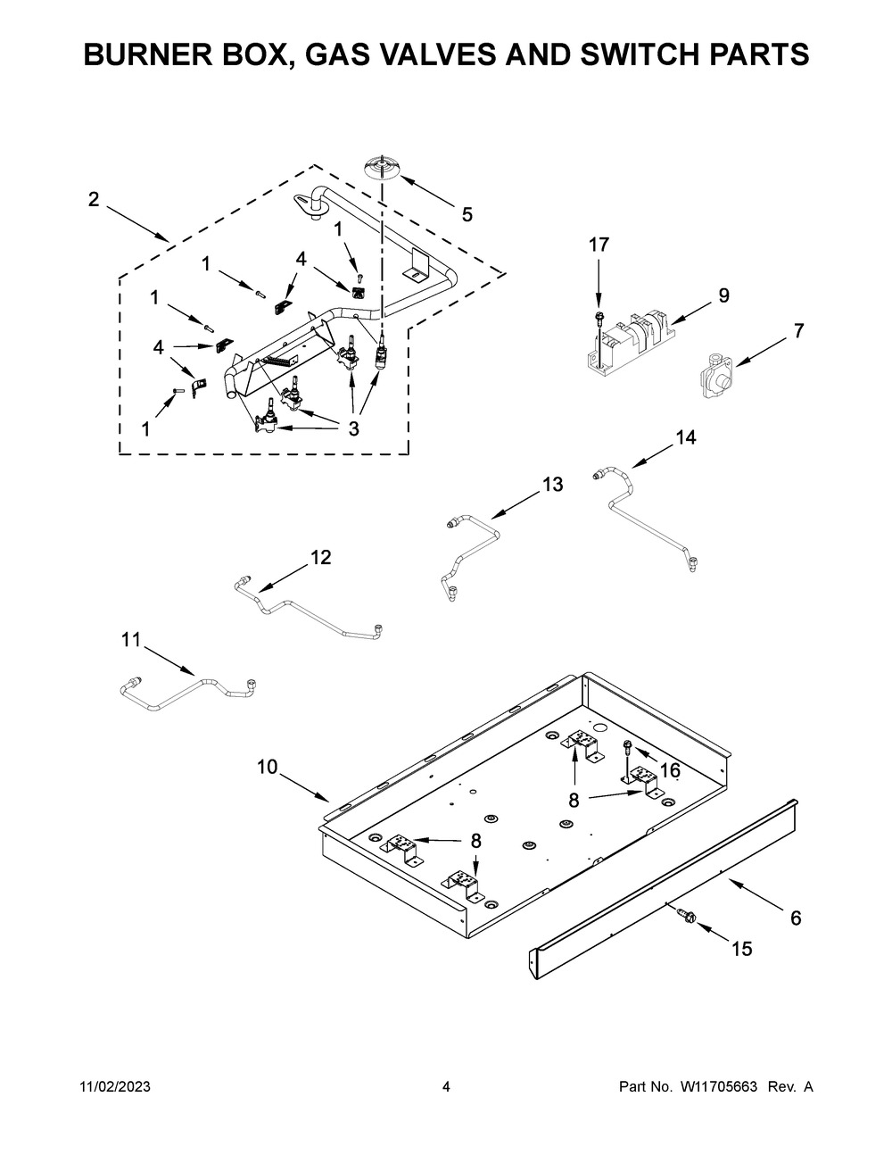 Burner Box, Gas Valves And Switch Parts Diagram and Parts List for MGC7430DS06  Maytag Cooktop