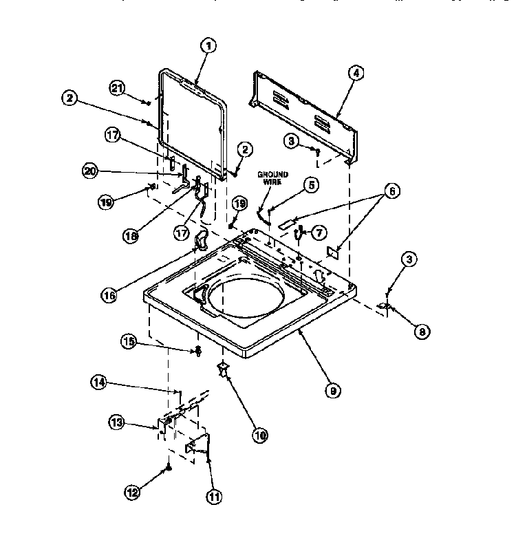 Cabinet Top, Loading Door And Control Hood Rear Panel Diagram and Parts List for LW8252W2 PLW8252W2B Amana Washer