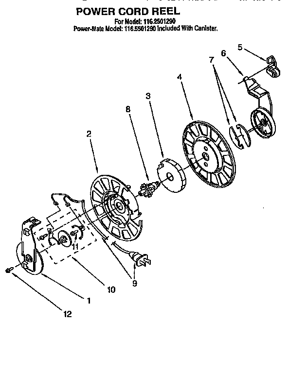 Power Cord Reel Diagram and Parts List for 1162501290  Kenmore Canister Vacuum