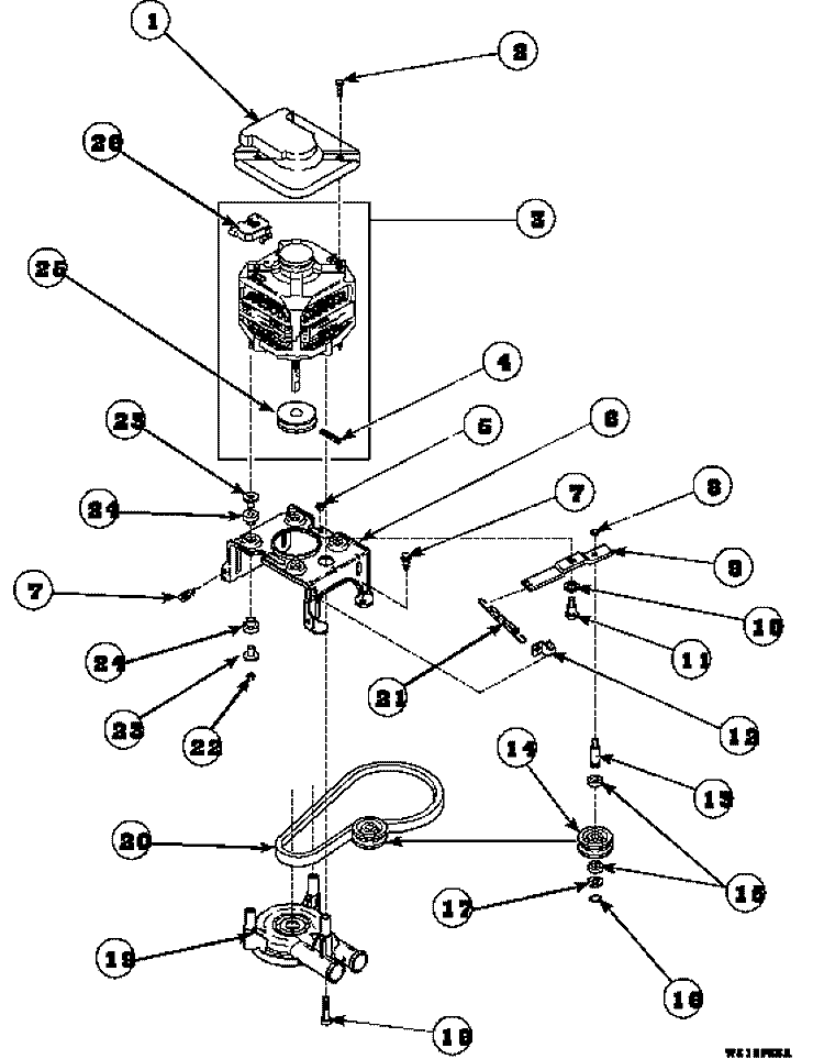 MOTOR, MTG BRKT, BELT, PUMP & IDLER ASSY Diagram and Parts List for LW6501W2B PLW6501W2 B Amana Washer
